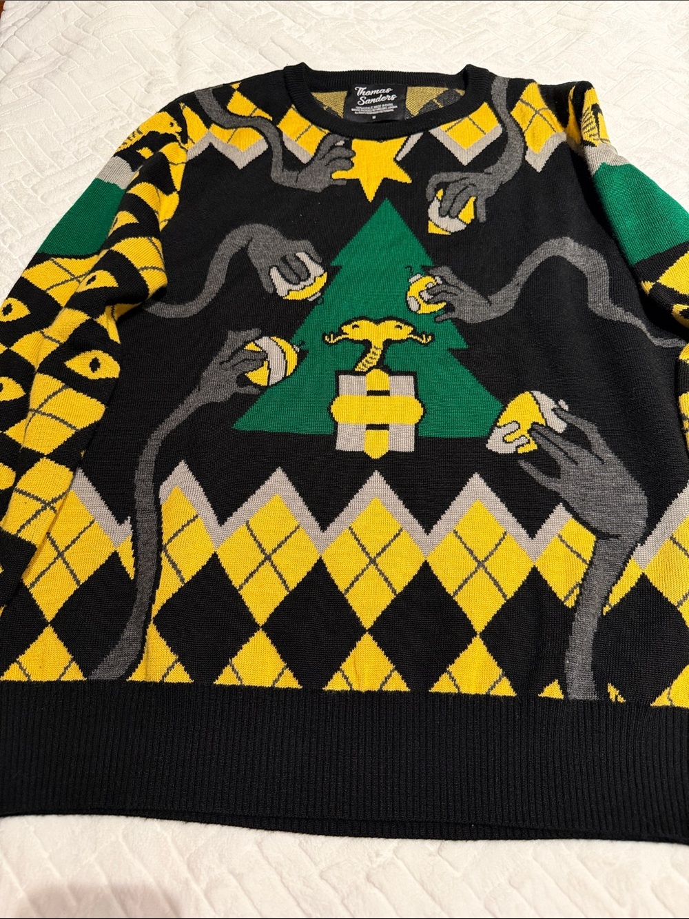 Men's Crewneck Sweater in Black, Yellow & Green Better Watch Out size M